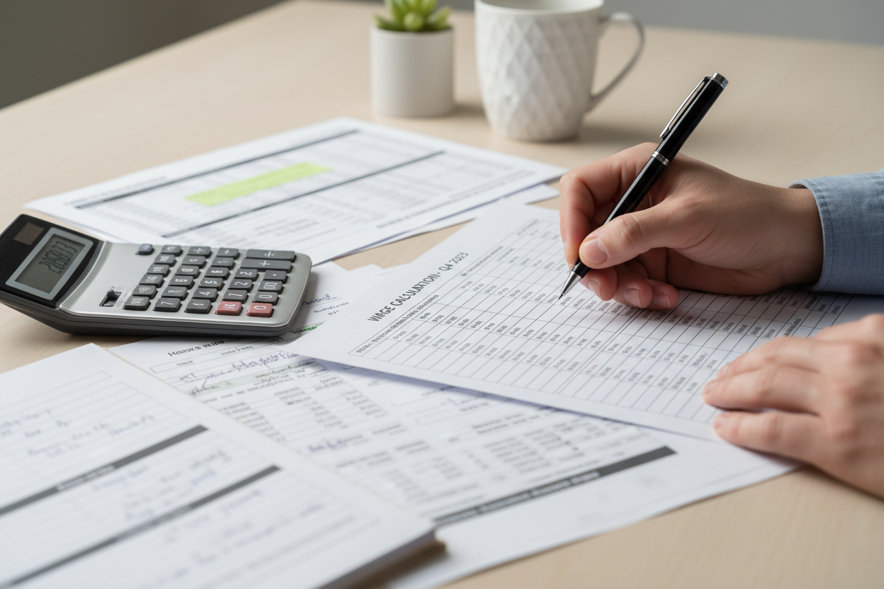 non descript person calculating wages using pen paper and calculator